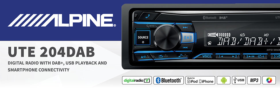 Alpine UTE-204DAB Mechless Android USB / AUX Radio with Variable Illumination, Bluetooth DAB Antenna