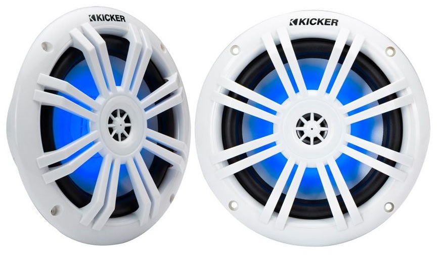 Kicker KM60 4WL 6-1/2" 2-way marine speakers with blue LED lighting in White