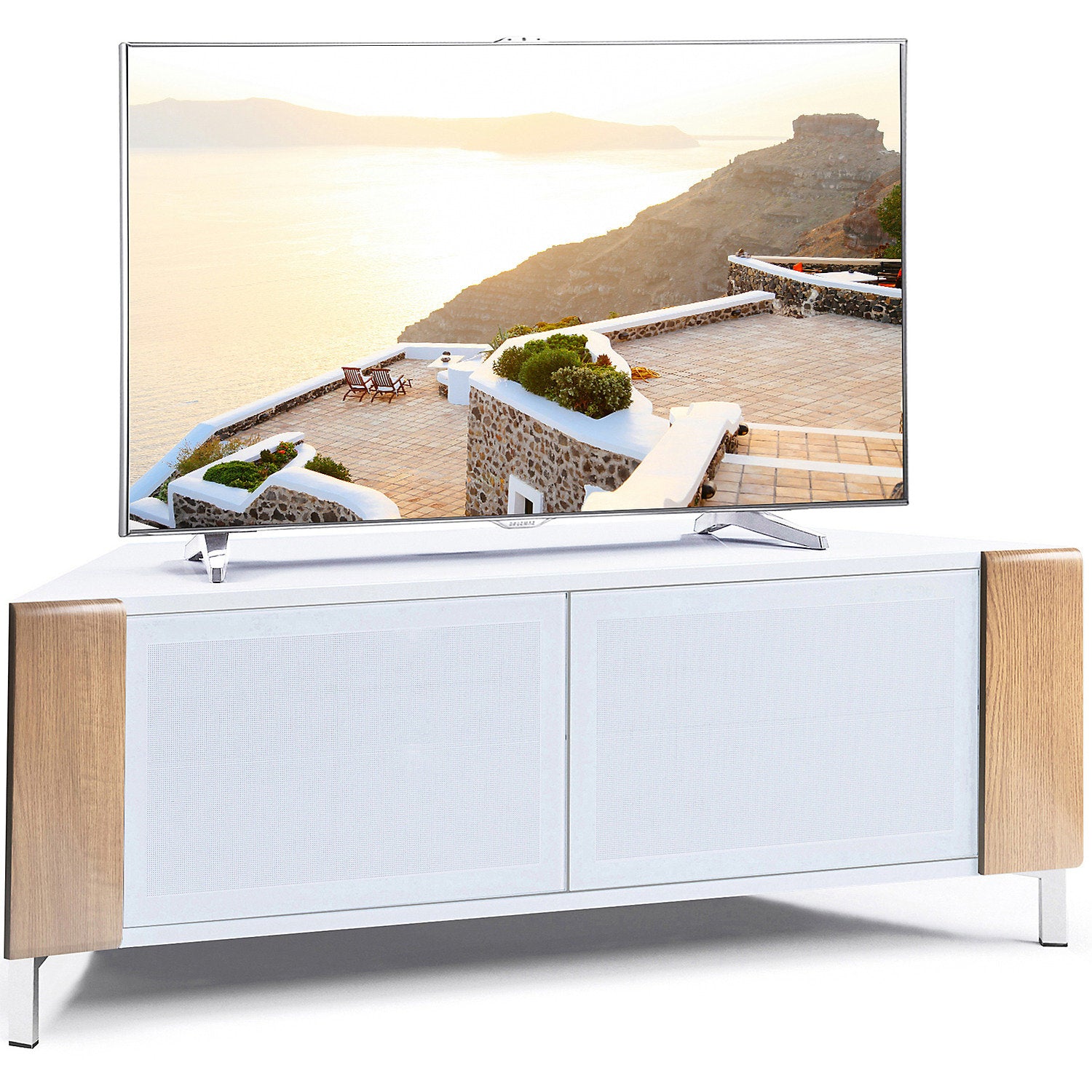 MDA Designs CORVUS Corner-Friendly White with Oak Contemporary TV Cabine