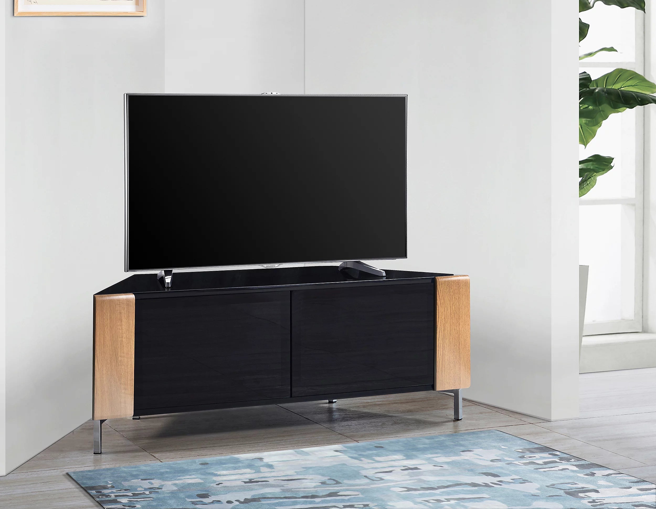 MDA Designs CORVUS Corner-Friendly Black with Oak Contemporary TV Cabine