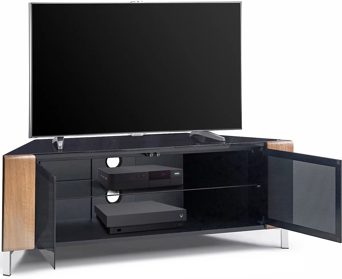 MDA Designs CORVUS Corner-Friendly Black with Oak Contemporary TV Cabine