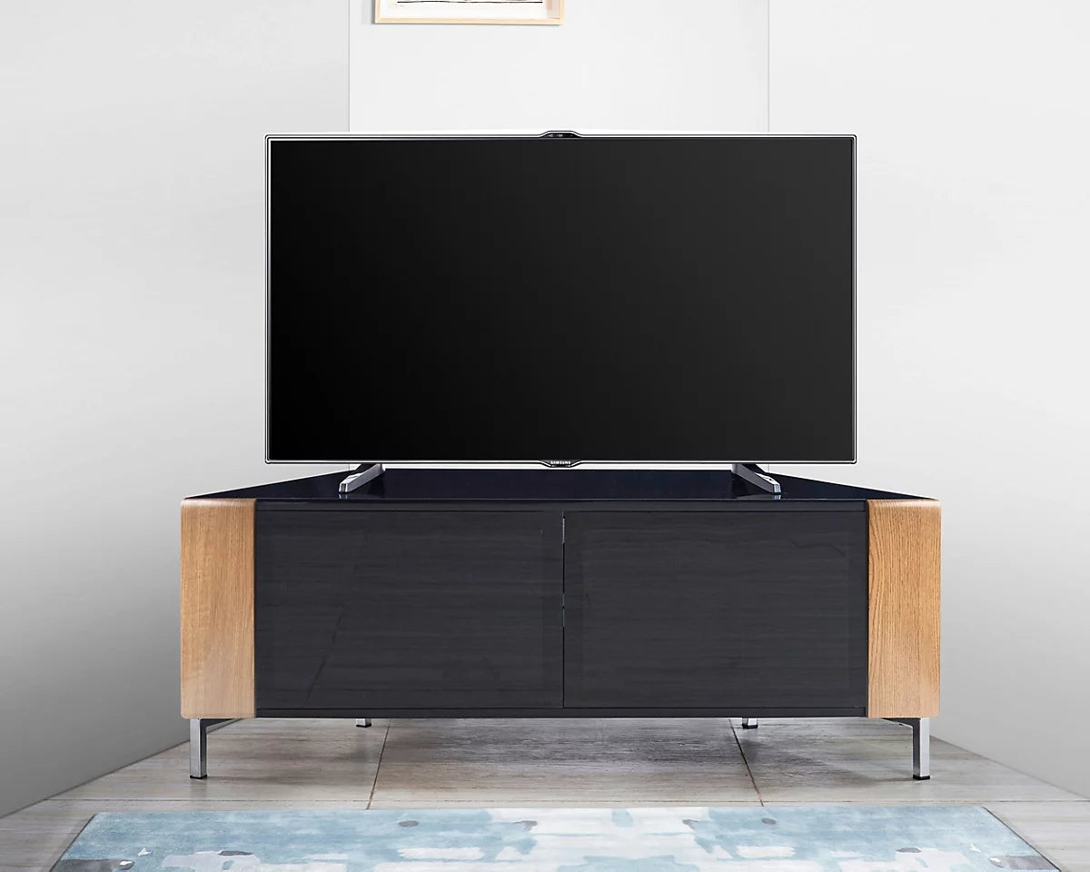 MDA Designs CORVUS Corner-Friendly Black with Oak Contemporary TV Cabine