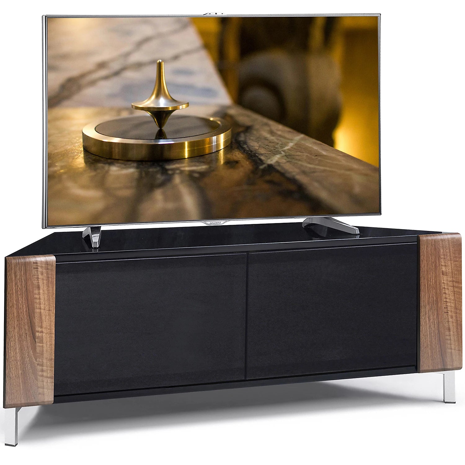 MDA Designs CORVUS Corner-Friendly Black with Walnut Contemporary TV Cabine