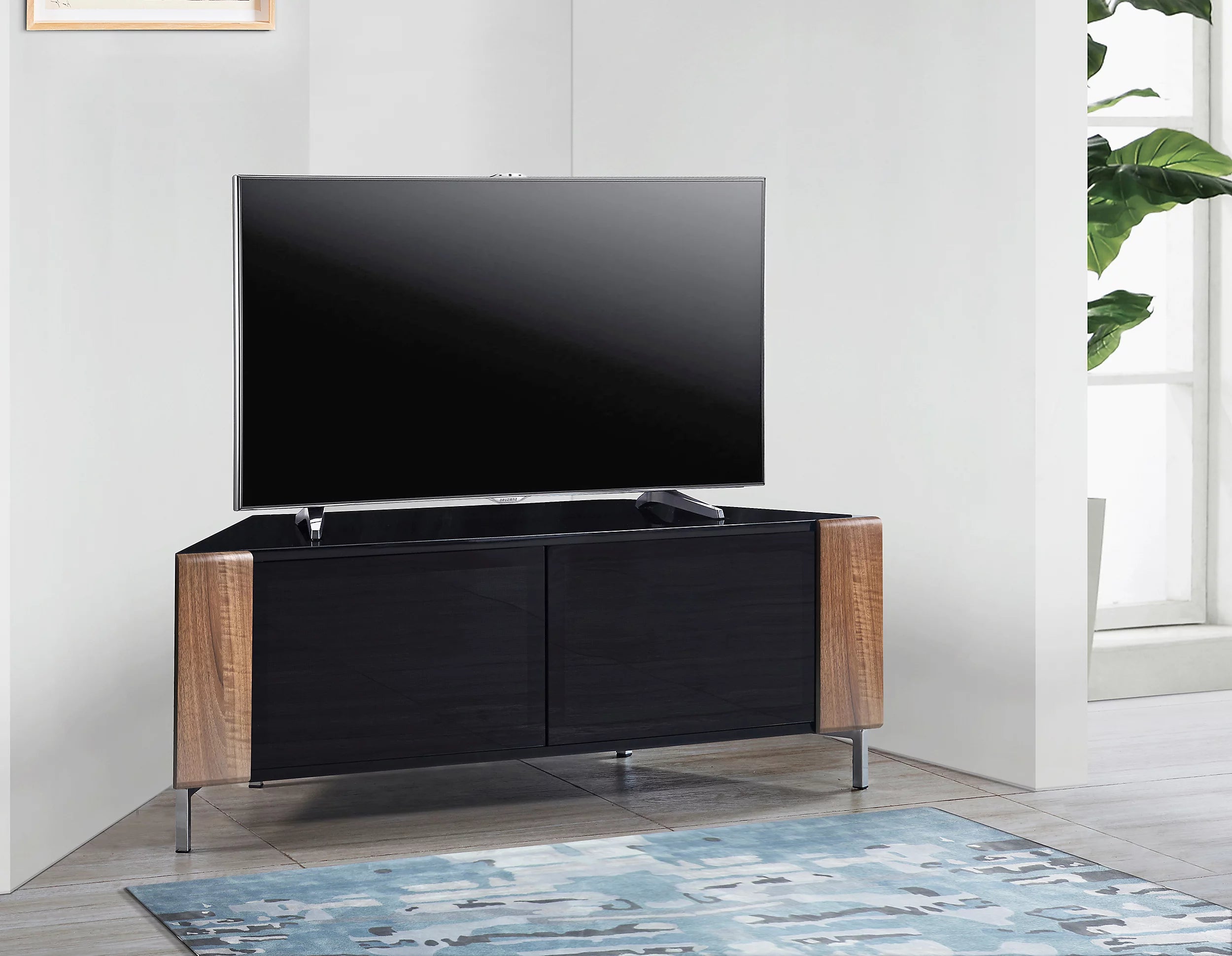 MDA Designs CORVUS Corner-Friendly Black with Walnut Contemporary TV Cabine