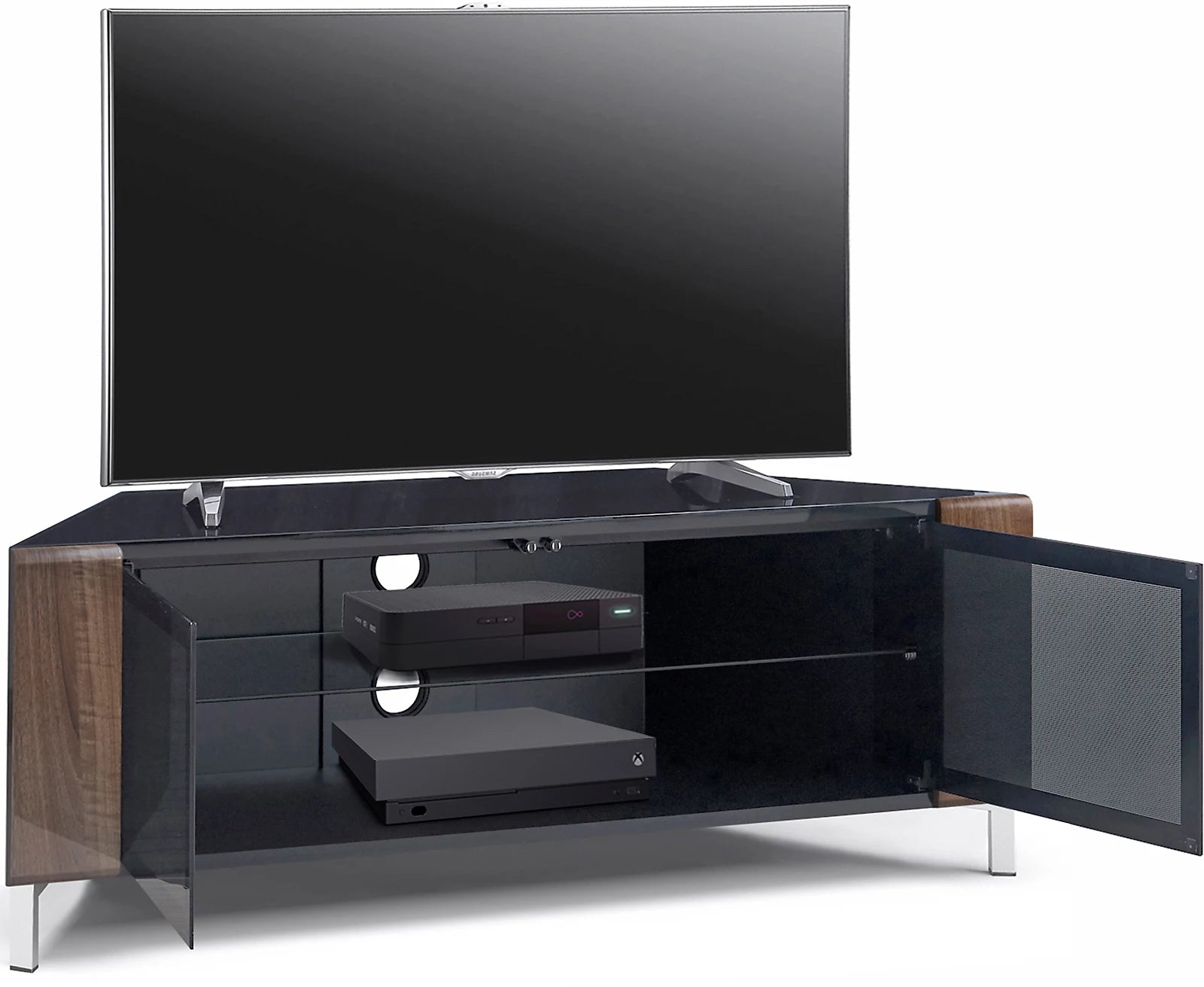 MDA Designs CORVUS Corner-Friendly Black with Walnut Contemporary TV Cabine