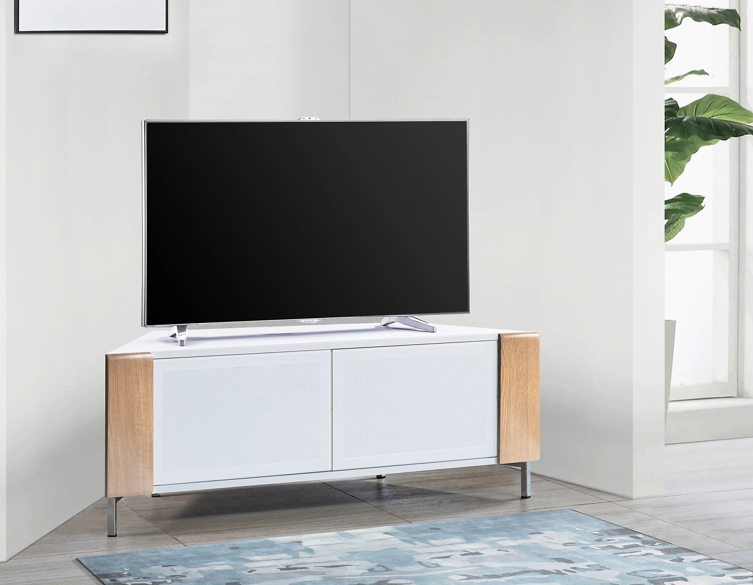 MDA Designs CORVUS Corner-Friendly White with Oak Contemporary TV Cabine