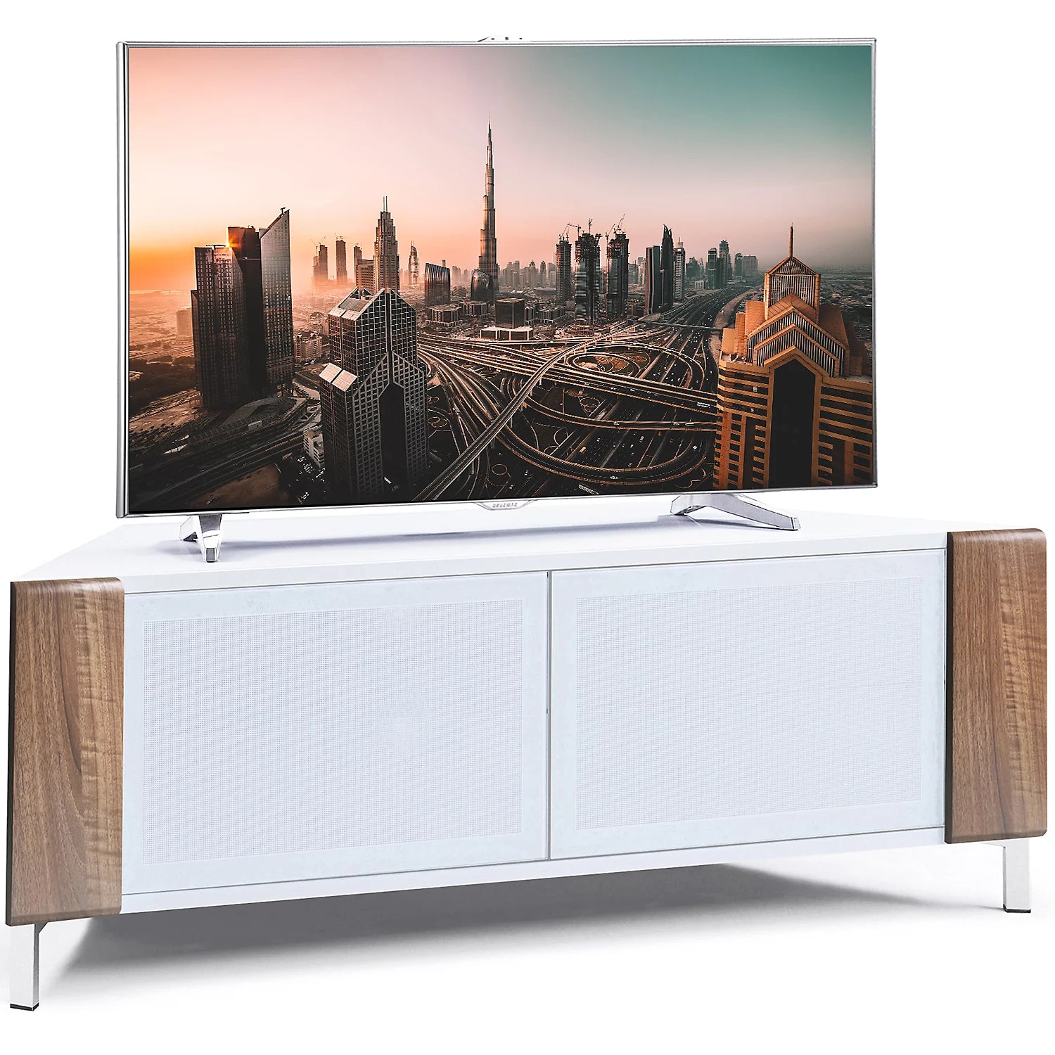 MDA Designs CORVUS Corner-Friendly White with Walnut Contemporary TV Cabine
