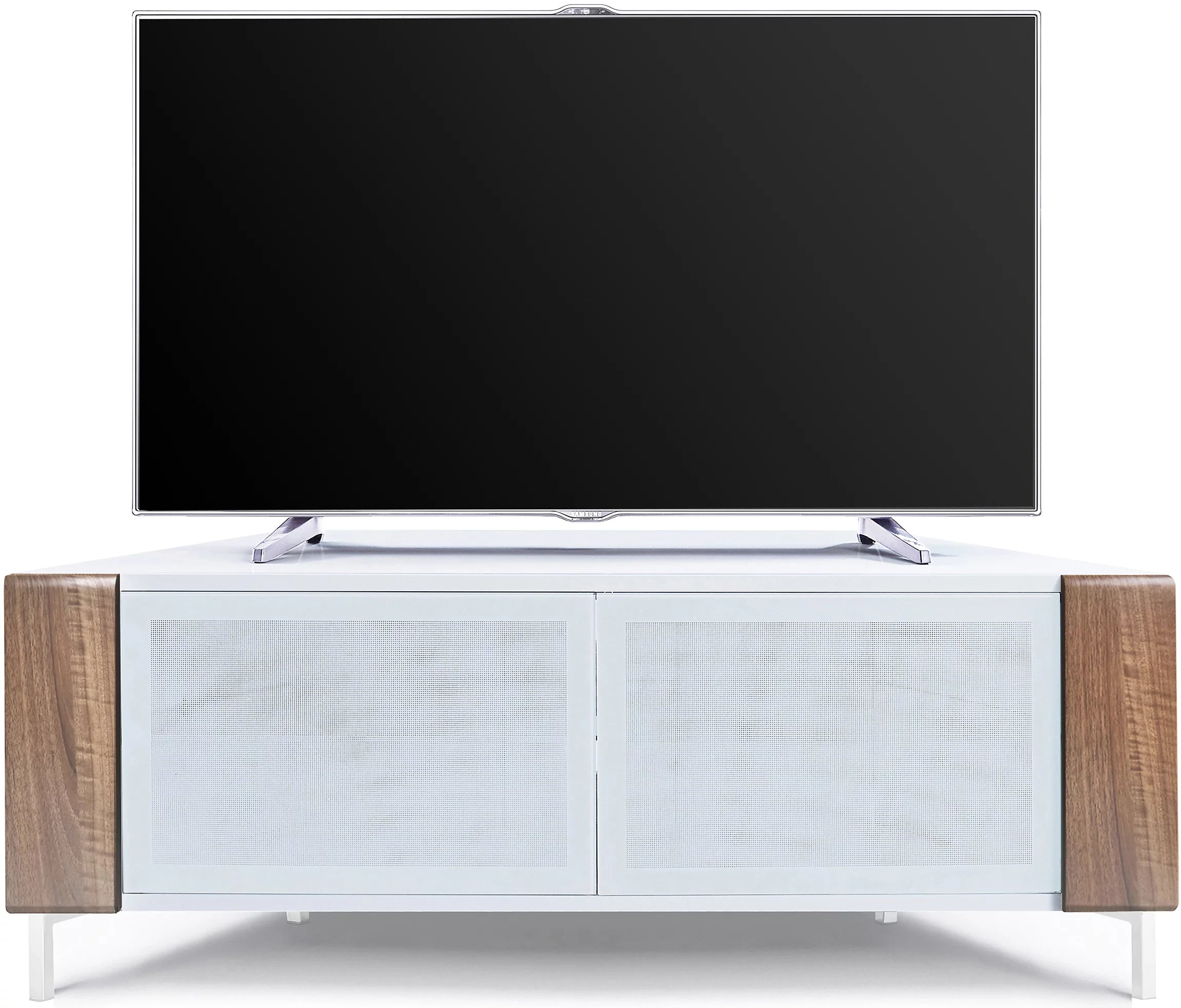 MDA Designs CORVUS Corner-Friendly White with Walnut Contemporary TV Cabine
