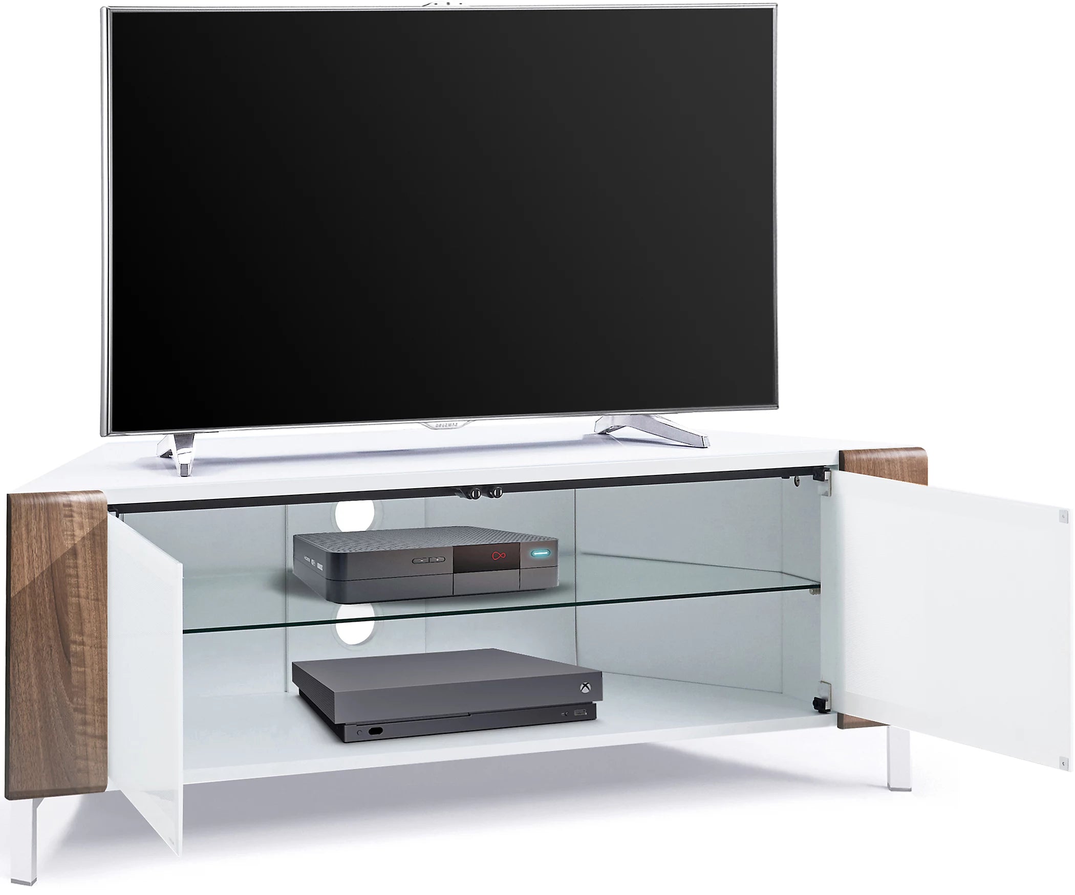 MDA Designs CORVUS Corner-Friendly White with Walnut Contemporary TV Cabine