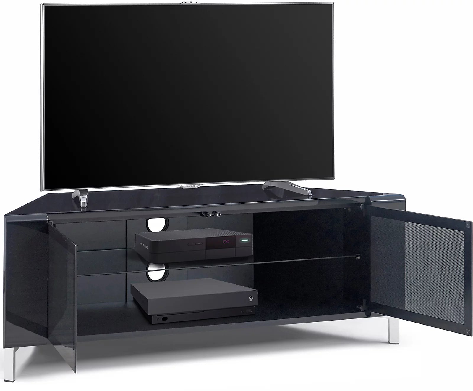 MDA Designs CORVUS Corner-Friendly Gloss Black Contemporary TV Cabine
