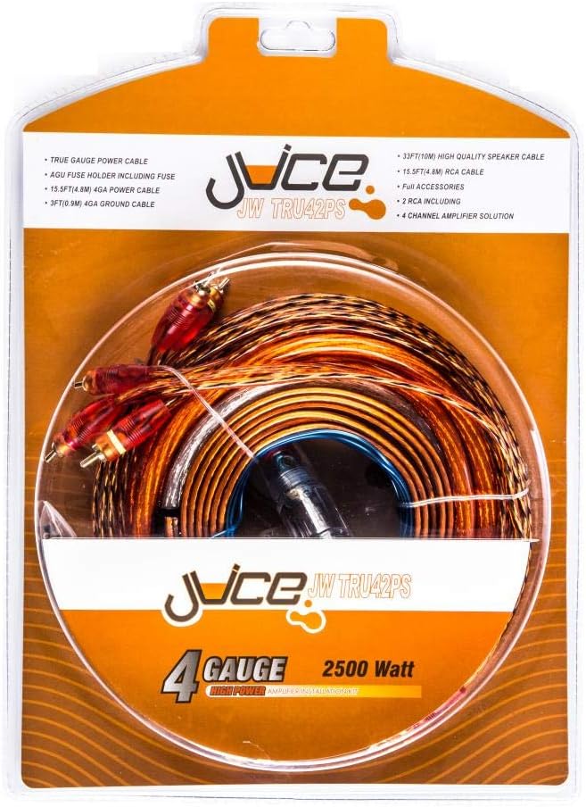 Juice JWTRU41 2500W 4 Gauge Amplifier Wiring Kit, with Speaker, Power, RCA, Ground and Connection Cables