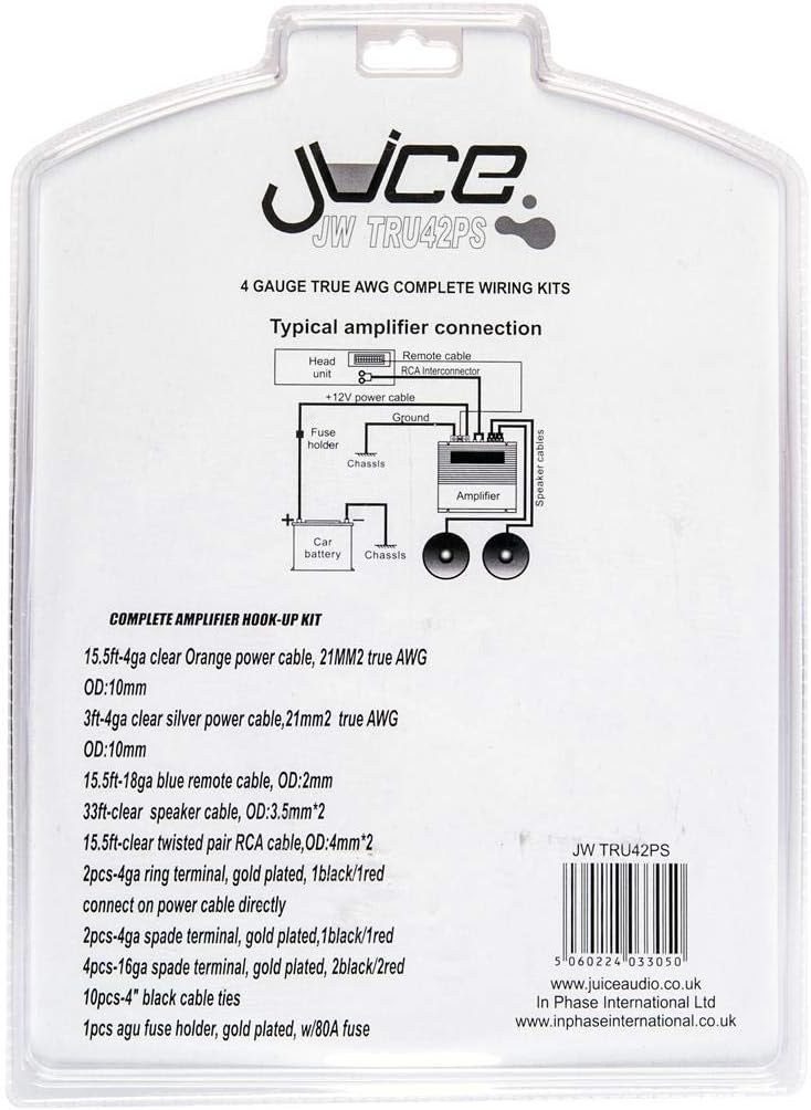 Juice JWTRU41 2500W 4 Gauge Amplifier Wiring Kit, with Speaker, Power, RCA, Ground and Connection Cables