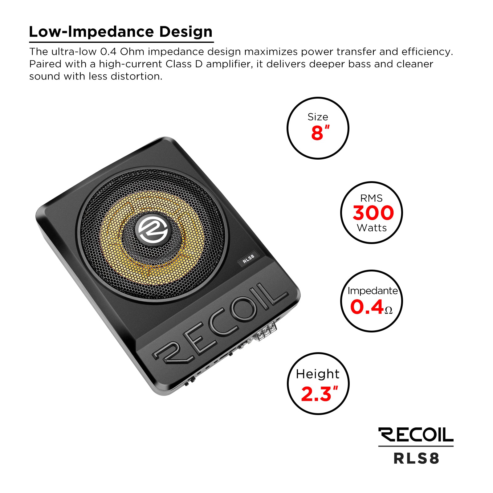RECOIL SRLS8 8″ Ultra-Thin Powered Under-seat Car Subwoofer with Built-in Amplifier