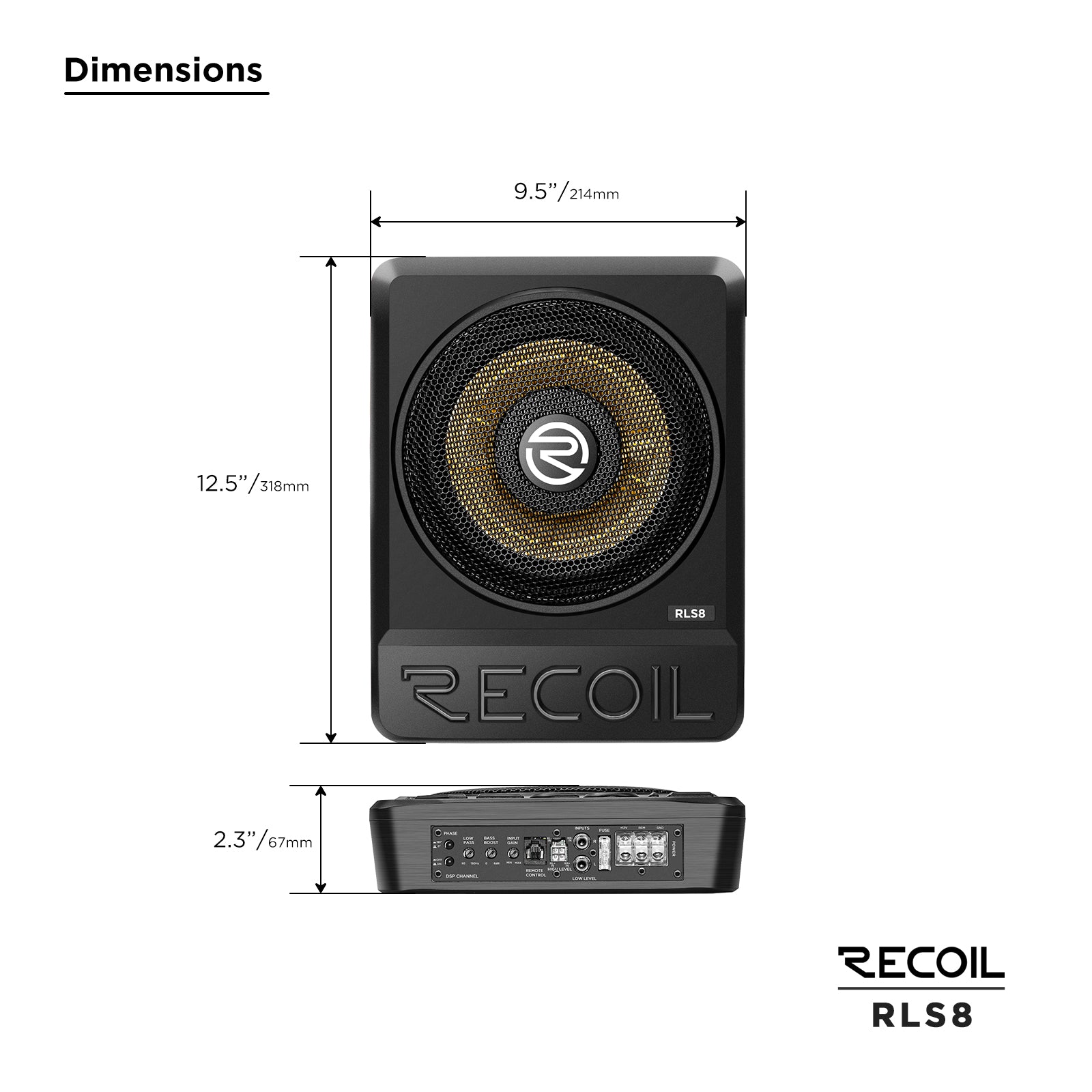 RECOIL SRLS8 8″ Ultra-Thin Powered Under-seat Car Subwoofer with Built-in Amplifier