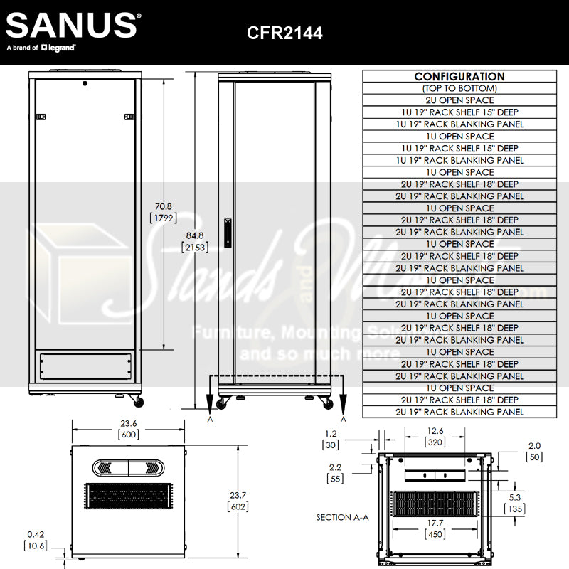 Sanus CFR2144-B1 85" AV Rack 44U Component Rack for Home Theatre Equipment