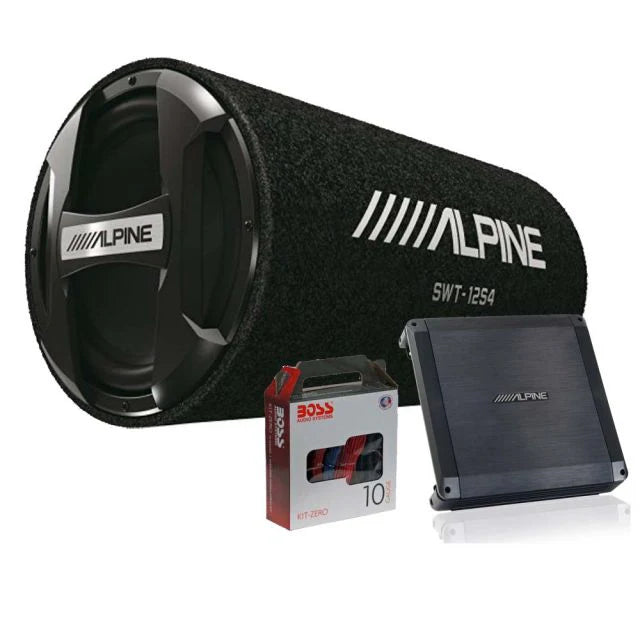 Alpine BBX-T600 Power Class A/B 2 Channel Car Amplifier With Alpine  SWT-12S4  12“ (30cm) Bass Reflex Subwoofer Tube and Wiring Kit