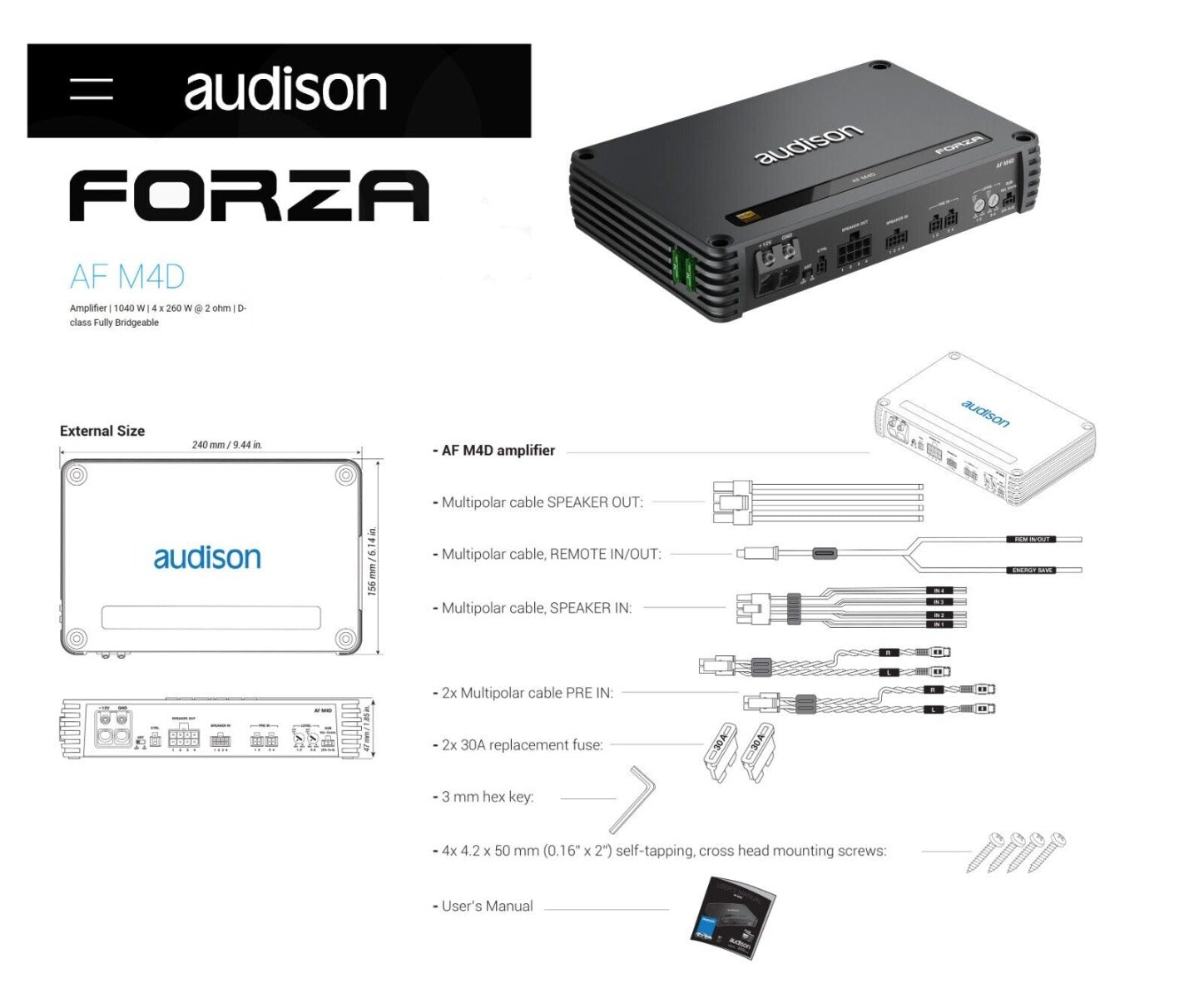 Audison Forza AF M4D Amplifier 4 Channel Bridgeable Class D Amp 1040w RMS