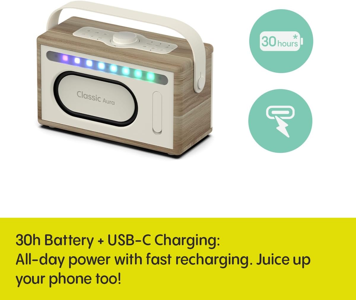 PURE Classic Aura - Ambient Portable Bluetooth Speaker - Cotton White/Oak