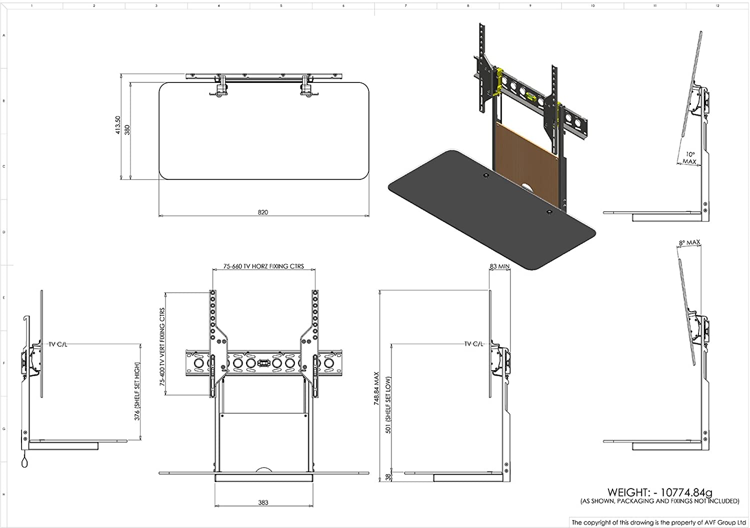 AVF PSL911 Ultimate 'All in One' TV Wall Mount And Shelf 4 interchangeable Black White Oak & Walnut  for Screens Up To 55"