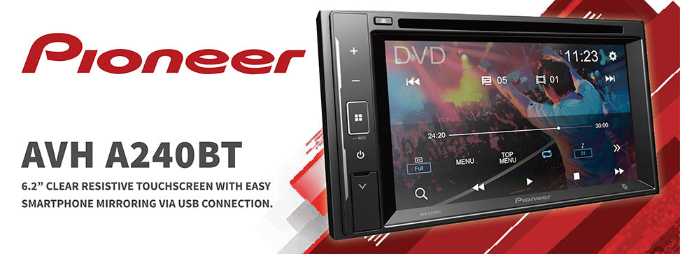 Pioneer AVH-A240BT 6.2” Double Din Touch Screen CD/DVD, Smartphone Mirroring, Bluetooth & USB + Rear View Camera