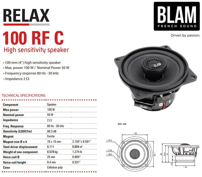 BLAM RELAX 100RFC 100mm 4 inch Hi-efficiency 2ohm, 2-Way Coaxial car audio speakers (PAIR) BL-100RFC