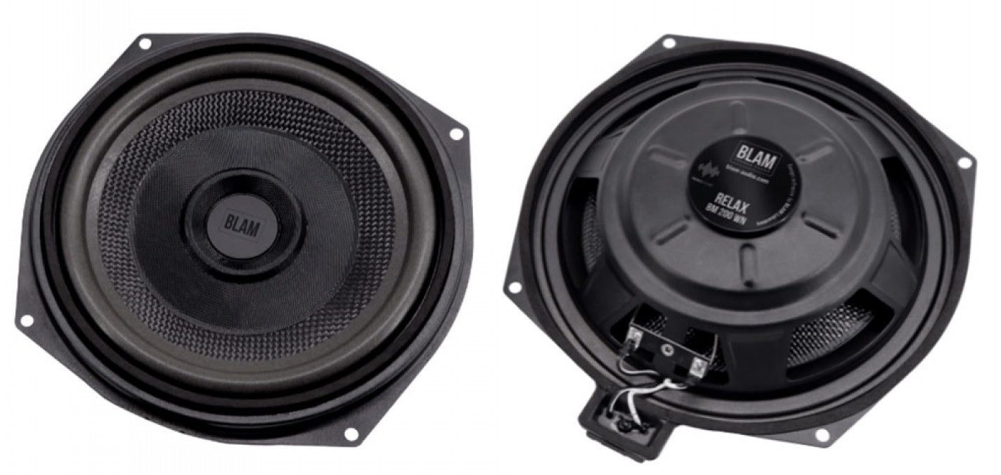 BMW 1,3,5,6,7-Series and X-1,3,5,6 BLAM hi-performance dedicated 200mm (8 inch) extra-flat underseat subwoofers (PAIR) BM200WN