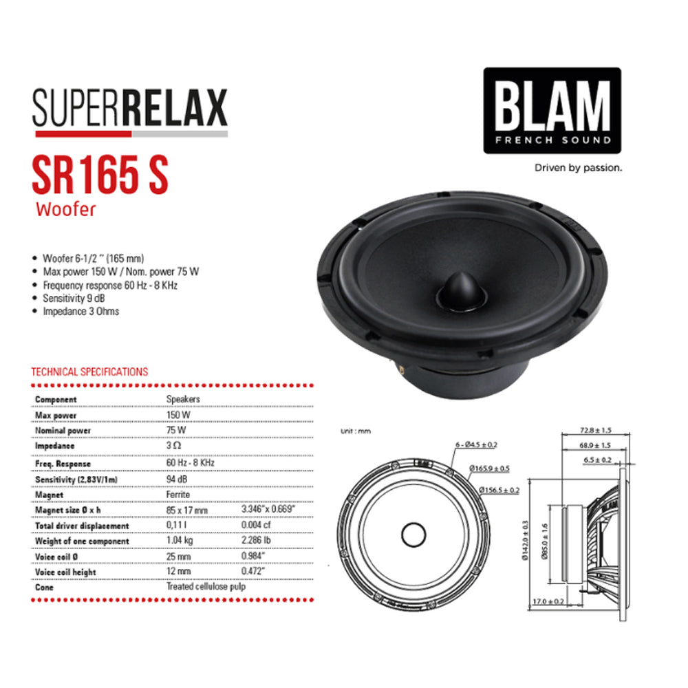BLAM Super Relax SR165S 16.5cm/ 165mm (6.5") Hi Sensitivity 3ohm 2-Way Component car speakers BL-SR165S