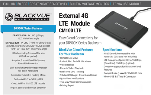 BlackVue CM100LTE  4G LTE Module connects via the USB accesses the Cloud