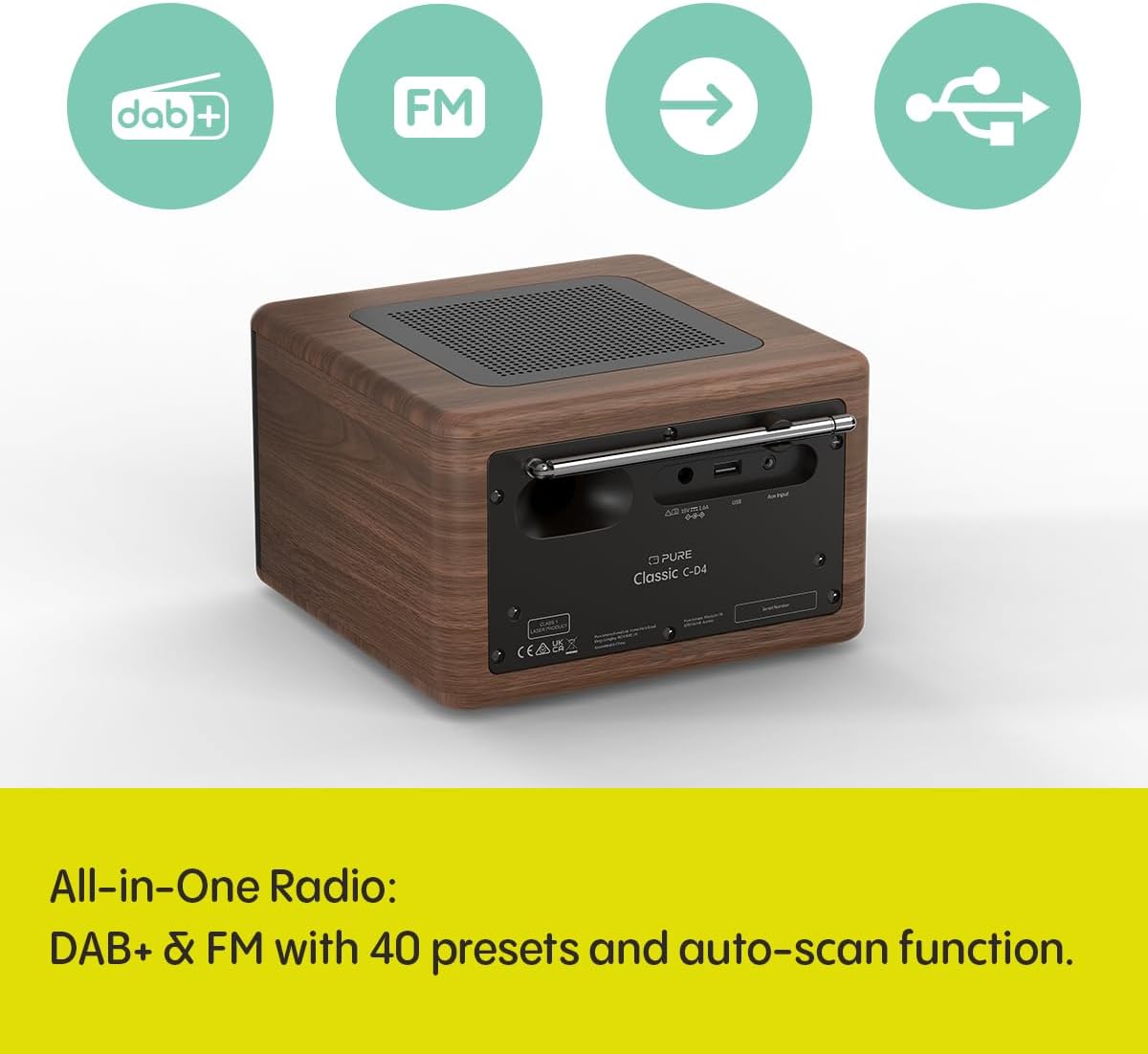 PURE Classic C-D4 Compact Digital Radio with CD Player - Coffee Brown/Walnut