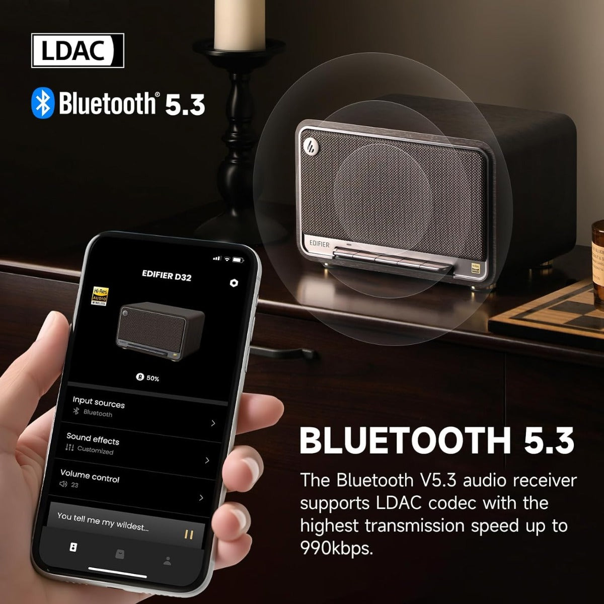 EDIFIER D32 Hi-Res Audio 60W Tabletop Wireless Speaker - Black/Walnut