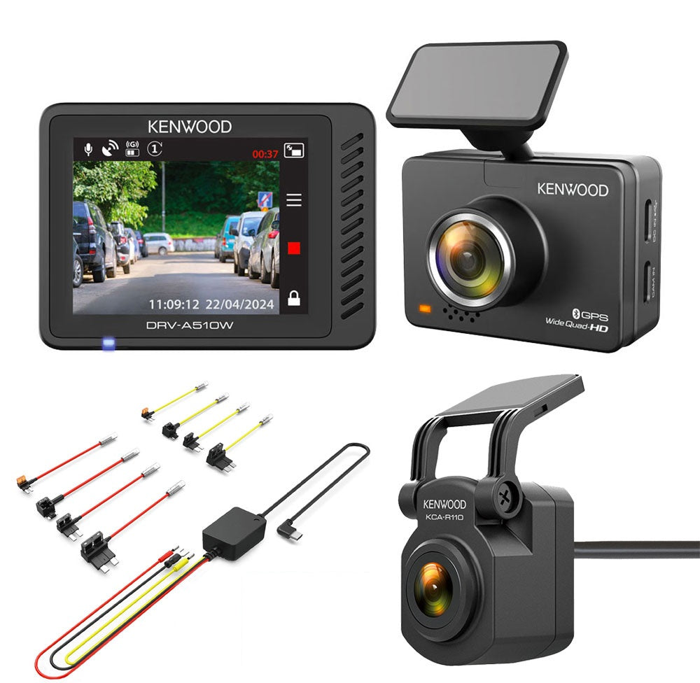Kenwood DRV-A610W + KCA-R210 Dash Cams 4K Ultra HD and 2K Rear Camera + hardwire kit Wi-Fi 64GB Card