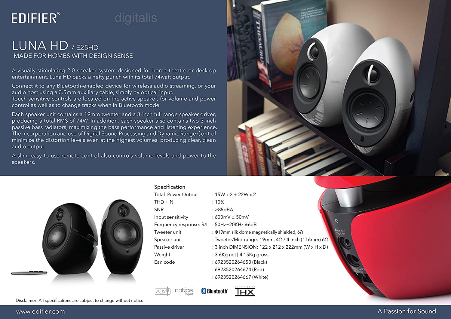 Edifier E25HD Luna Eclipse Bluetooth 4.0 Bookshelf Speakers with Remote Control - White