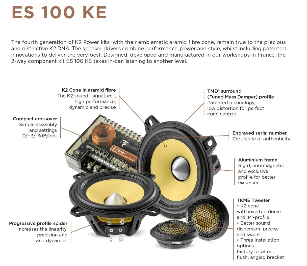 Focal ES100KE ELITE K2 PERFORMANCE Series 2-way 100mm 4 inch 120w Component  Speakers
