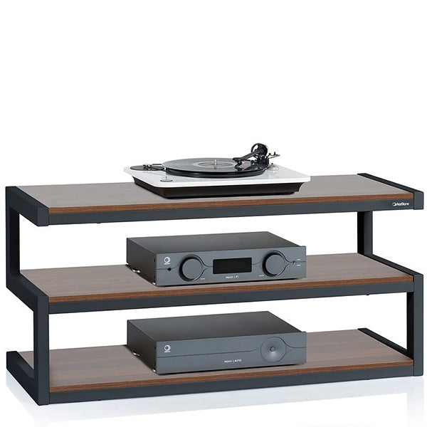 Norstone ESSEAVBW Esse “S” Shaped TV Stand / AV Rack 1100mm Black/Walnut with Walnut Veneer Shelves