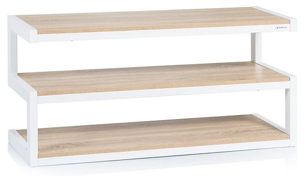 Norstone Esse “S” Shaped TV Stand / AV Rack 1100mm White/Oak with Frost Glass
