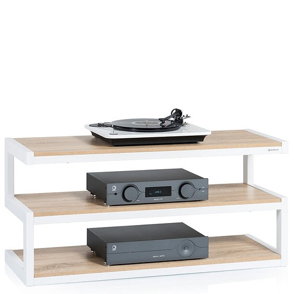 Norstone Esse “S” Shaped TV Stand / AV Rack 1100mm White/Oak with Frost Glass