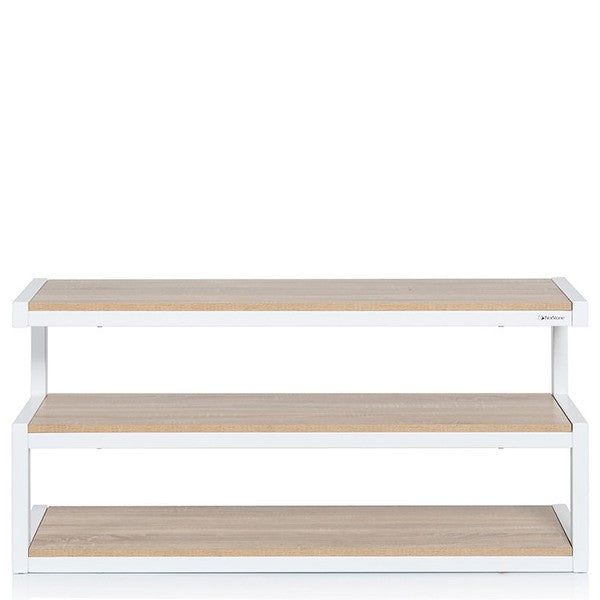 Norstone Esse “S” Shaped TV Stand / AV Rack 1100mm White/Oak with Frost Glass