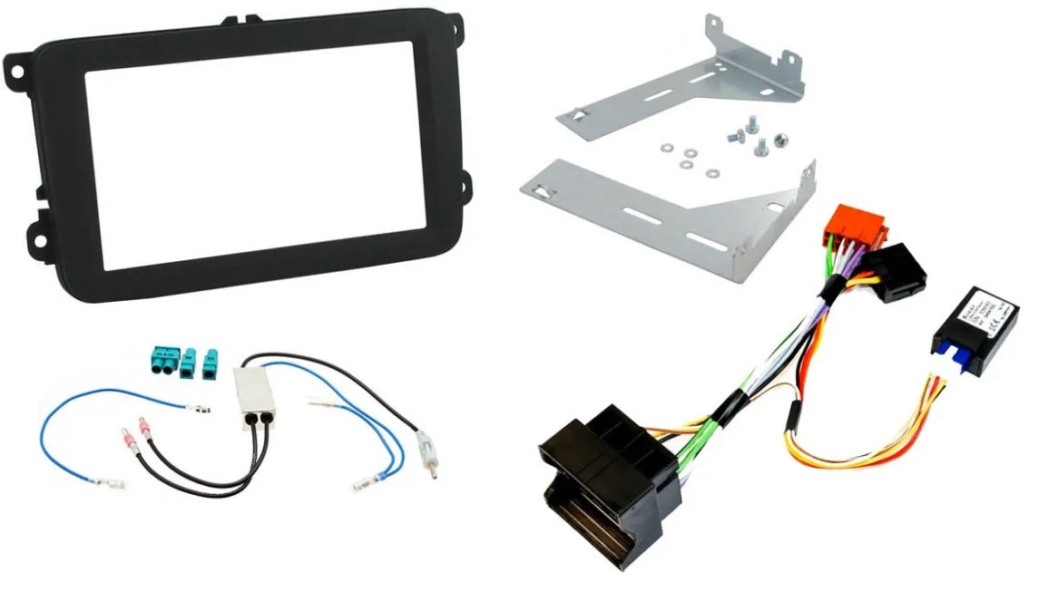 VW Amarok, Beetle, Caddy, Scirocco, Sharan, Tiguan, Transporter MIB-PQ Platform Double Din Fascia / Antenna / ISO Ignition Generator Harness Fitting Kit