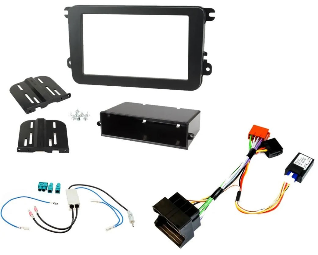 VW Amarok, Beetle, Caddy, Scirocco, Sharan, Tiguan, Transporter MIB-PQ Platform Single Din Fascia / Antenna / ISO Ignition Generator Harness Fitting Kit
