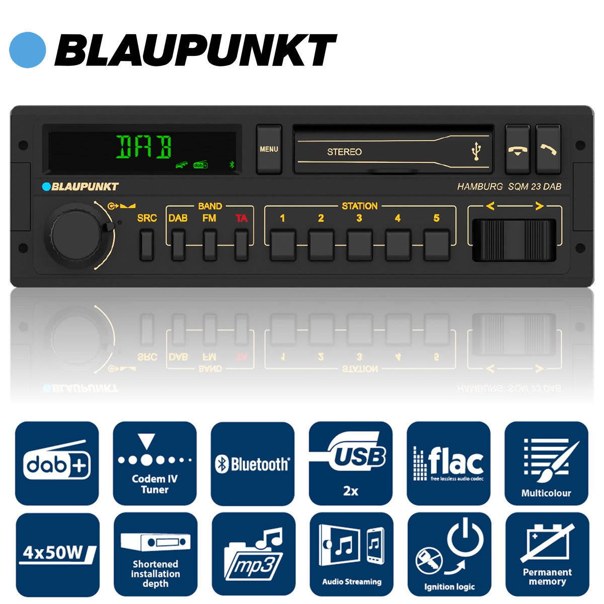 Blaupunkt Hamburg SQM 23 DAB Multicolour Cult Car Radio DAB+ Bluetooth Flac Dual-USB 4 x 50W