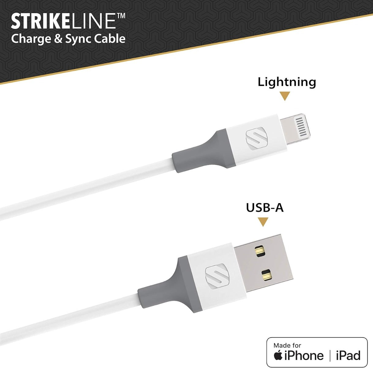 Scosche i34WG-SP StrikeLine USB-A to Lightning Charge & Sync Cable 4-ft White/Gray
