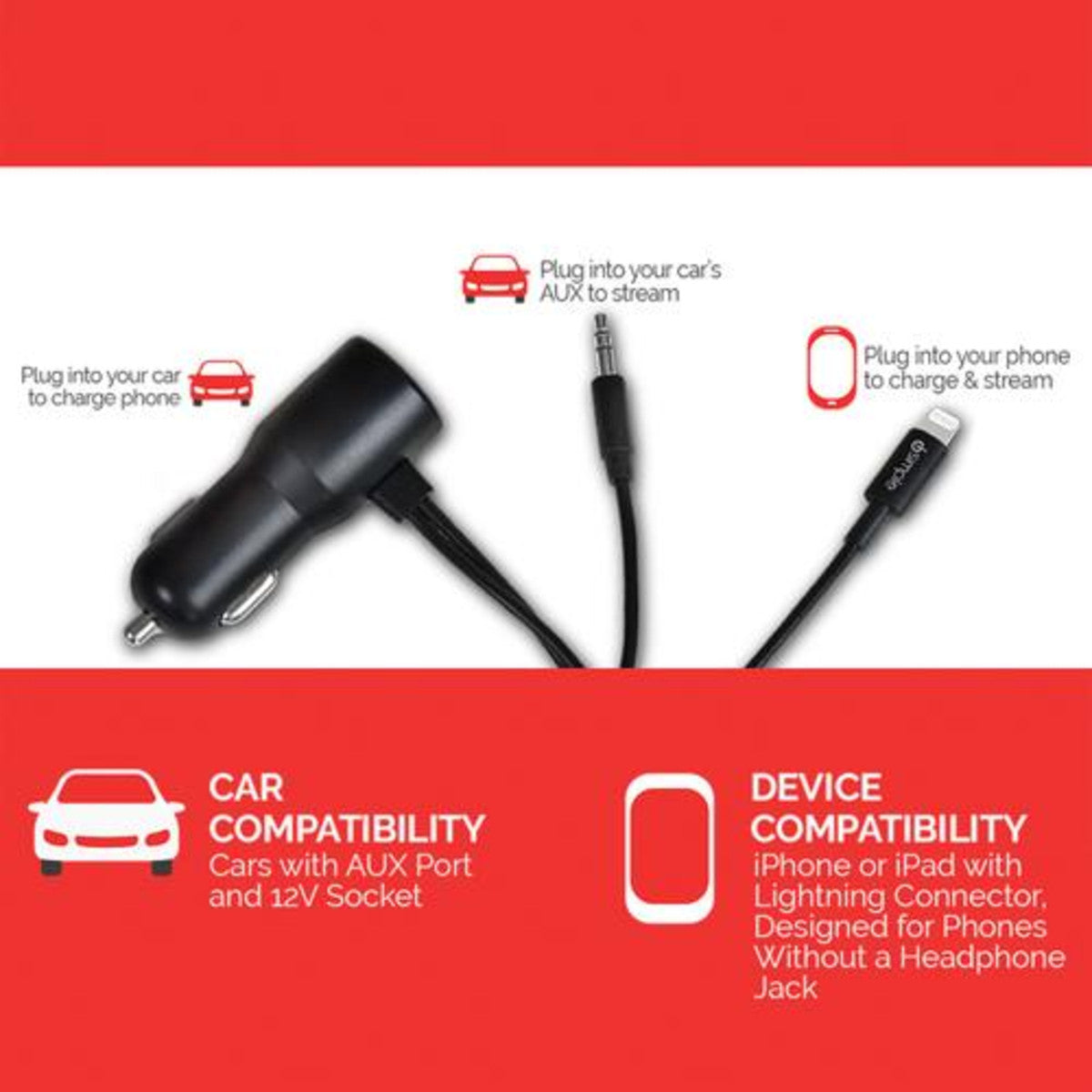 iSimple ISMJ85BG Vehicle Charging and Streaming Cable for iPhone, iPad, and iPod
