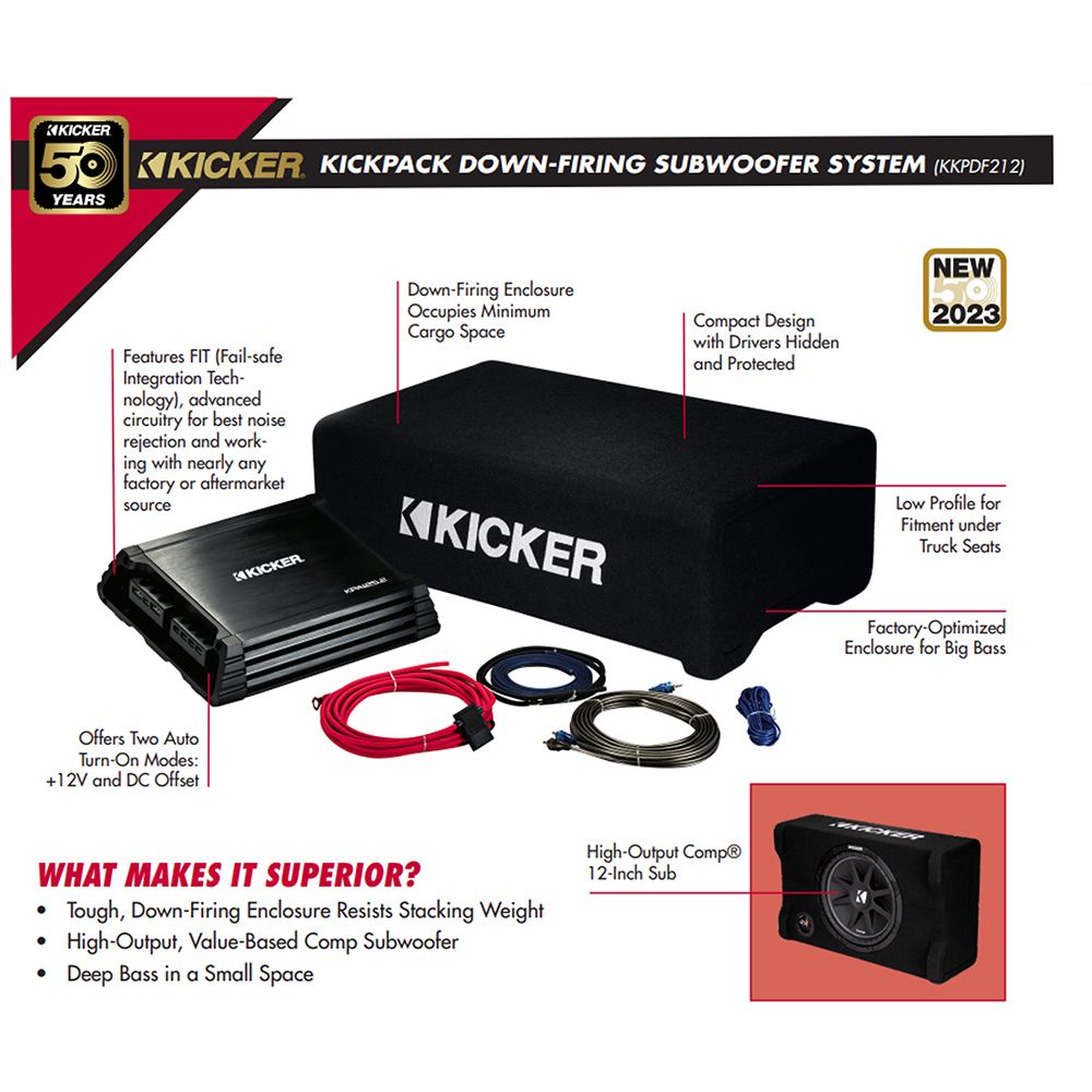 Kicker 49KKPDF212 12" Down Firing Loaded Enclosure With Amp & Wiring