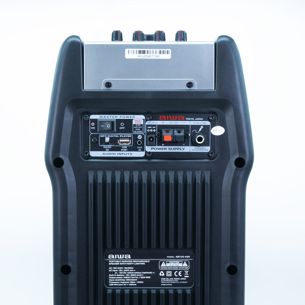 Aiwa KBTUS-400 Bluetooth Light Show Rechargeable Wired microphone input. Guitar input and Bass and treble volume control