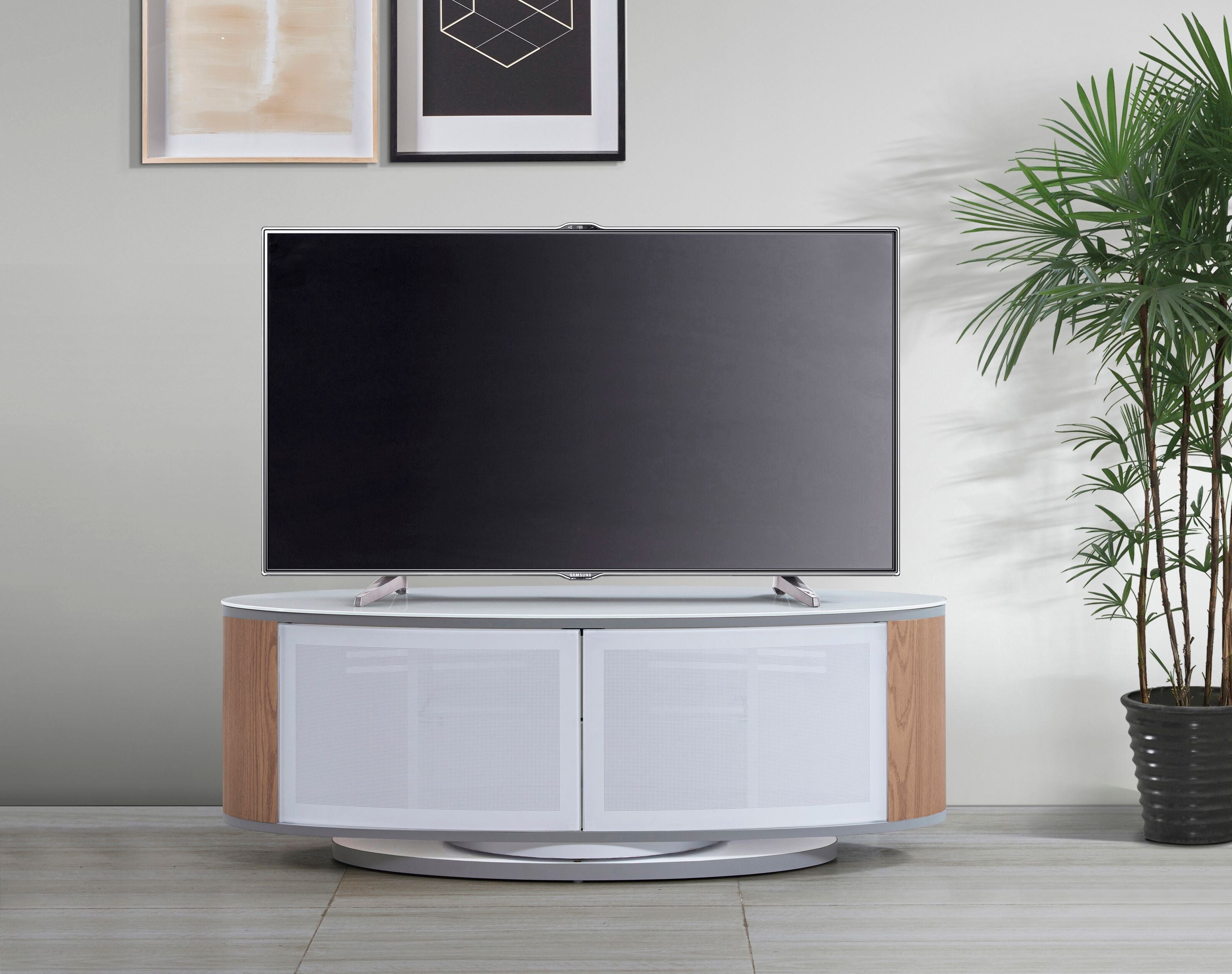 MDA Designs Luna White High Gloss Oak Oval TV Cabinet