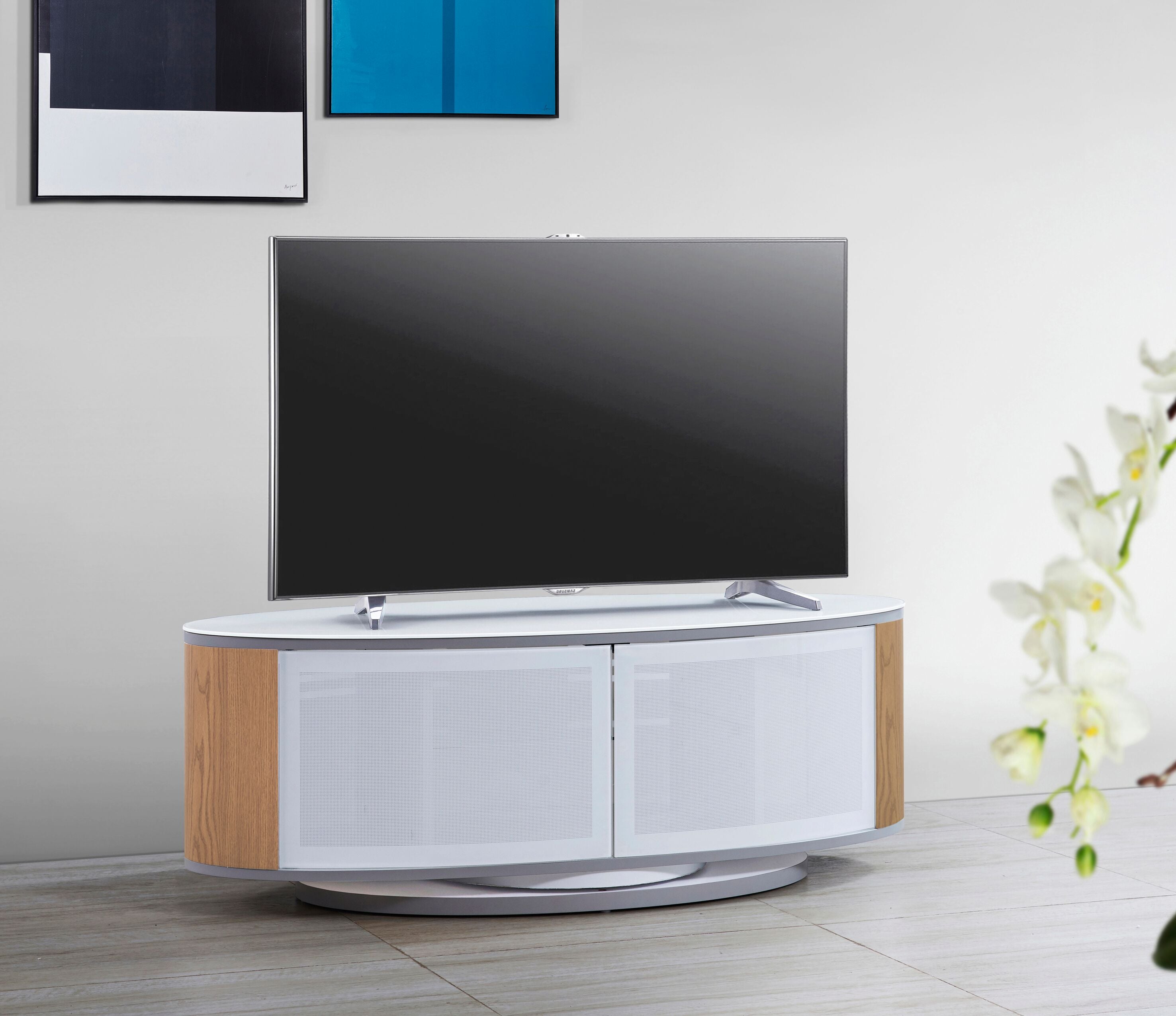 MDA Designs Luna White High Gloss Oak Oval TV Cabinet