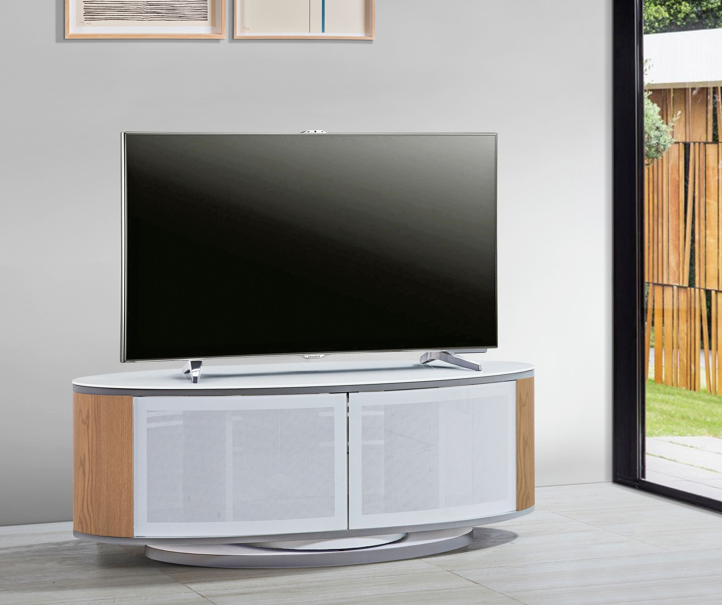 MDA Designs Luna White High Gloss Oak Oval TV Cabinet