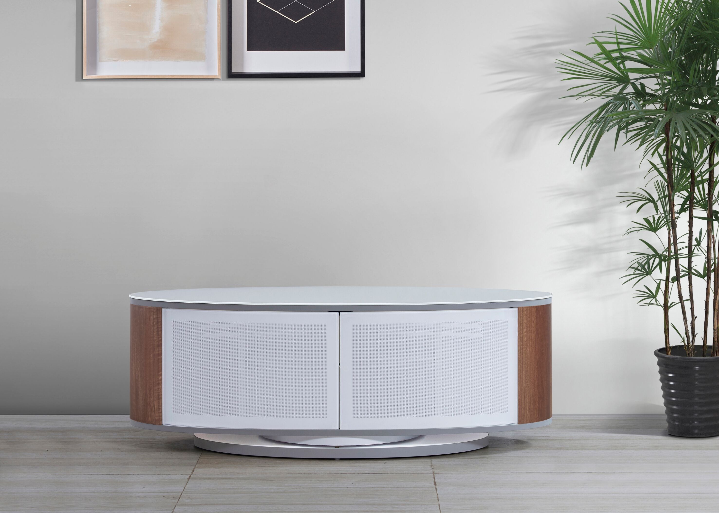 MDA Designs Luna White High Gloss Walnut Oval TV Cabinet