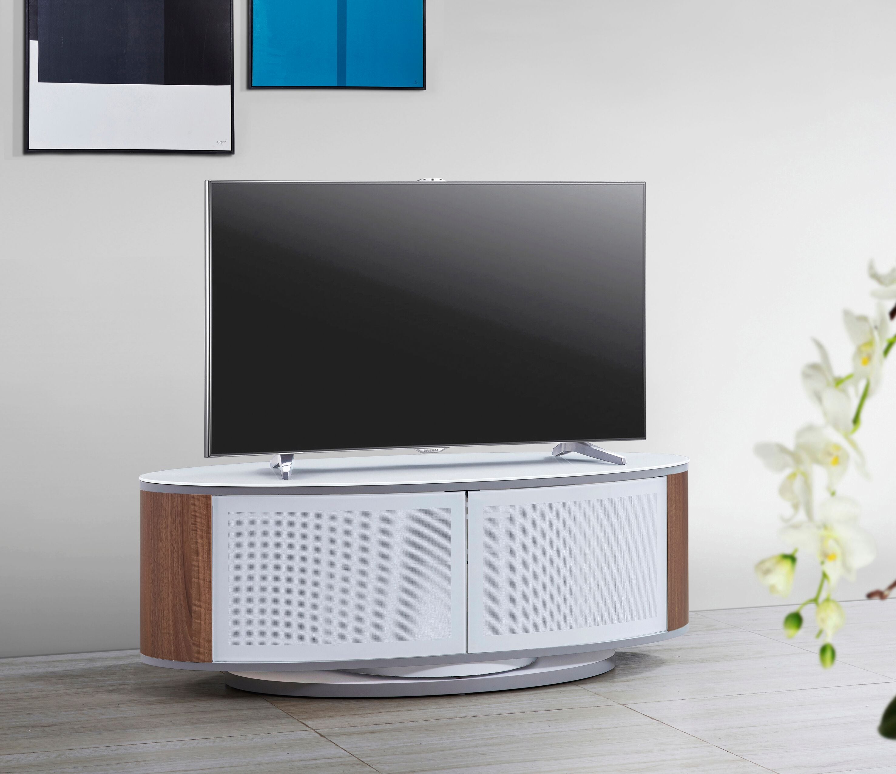 MDA Designs Luna White High Gloss Walnut Oval TV Cabinet