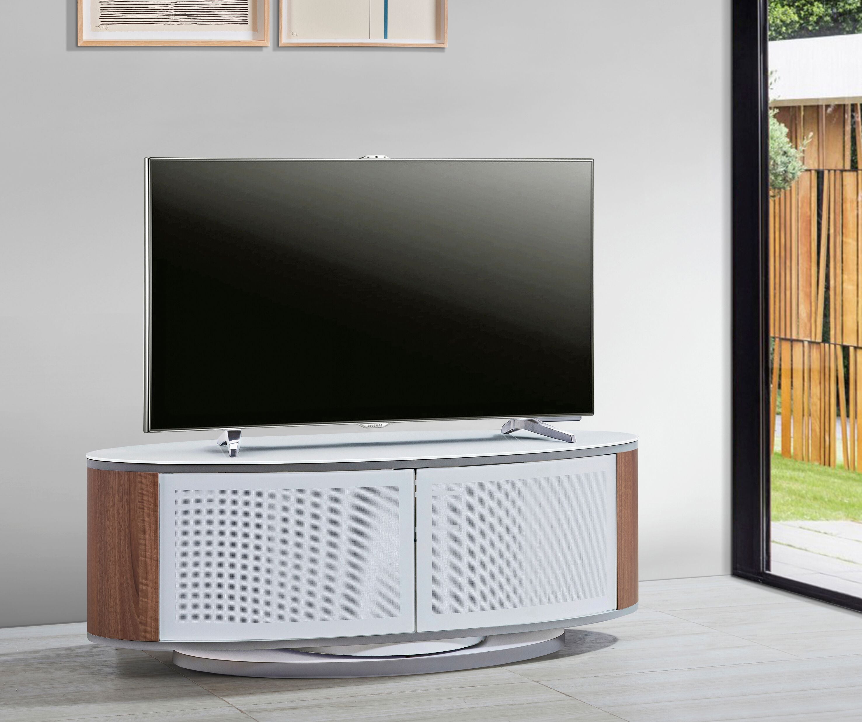 MDA Designs Luna White High Gloss Walnut Oval TV Cabinet